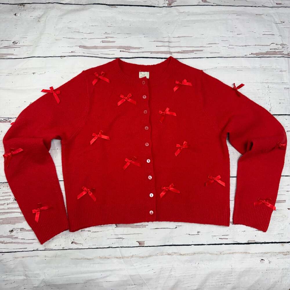 A New Day Red Long Sleeve Bow Applique Button Front Cardigan Sweater